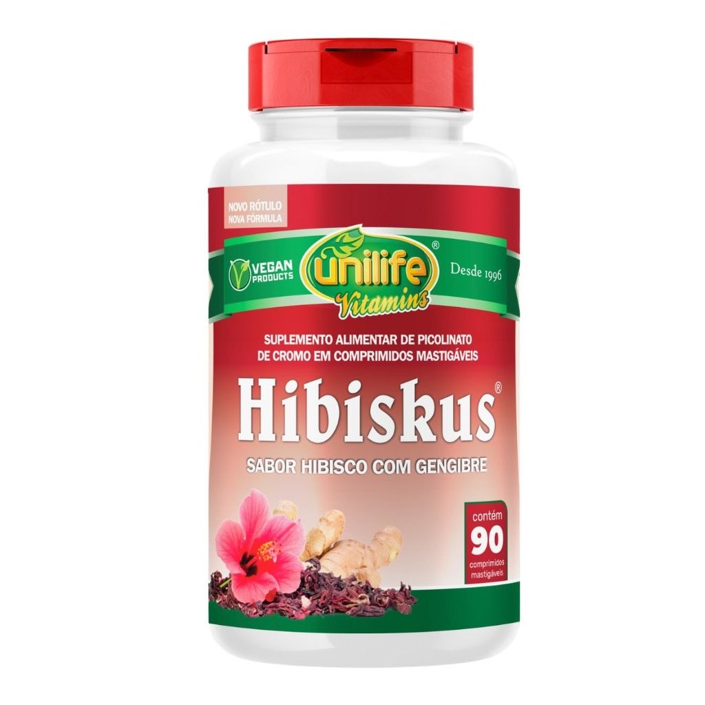 Hibisco com Gengibre e Picolinato de Cromo 500mg 90 comprimidos mastigaveis Unilife