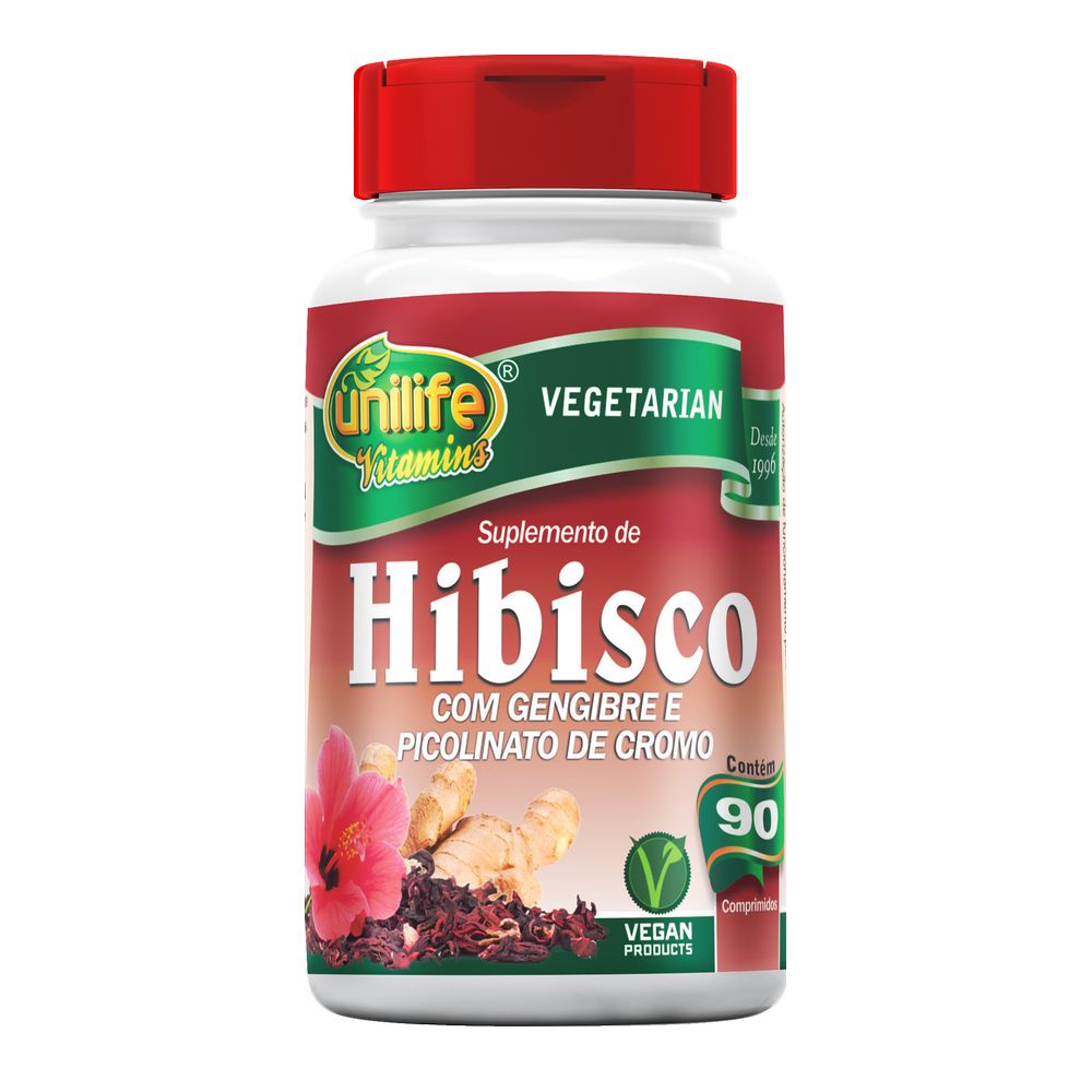 Hibisco com Gengibre e Picolinato de Cromo 500mg 90 comprimidos mastigaveis Unilife