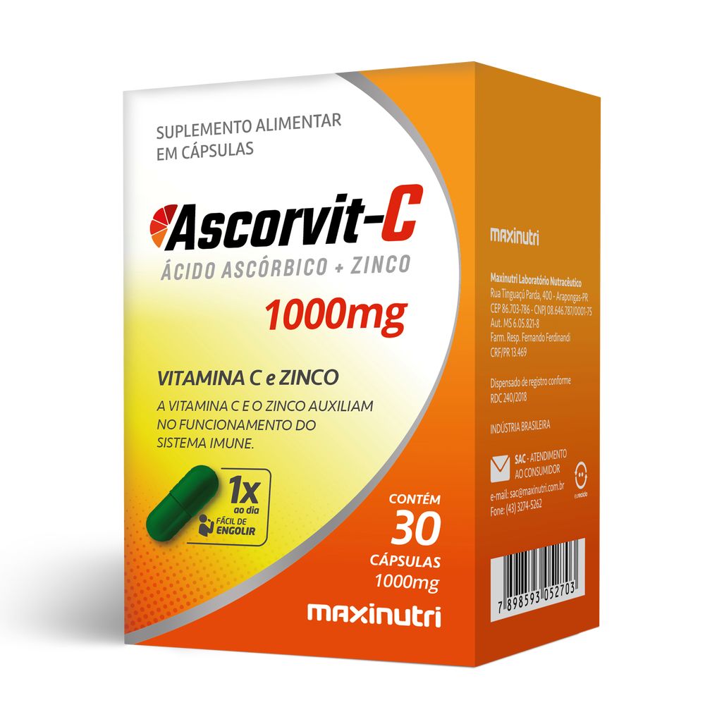 AscorVit-C 1g (Vitamina C com Zinco) 1000mg 30 cápsulas Maxinutri