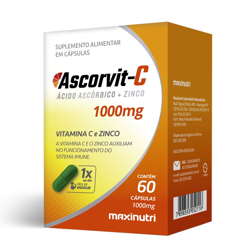 AscorVit-C 1g (Vitamina C com Zinco) 1000mg 60 cápsulas Maxinutri