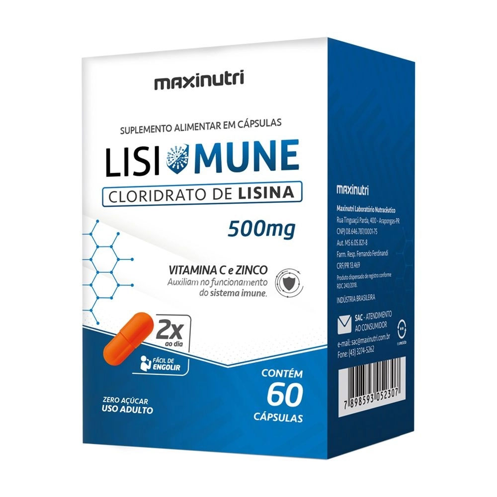 Lisimune - Cloridrato de Lisina - 500mg 60 cápsulas Maxinutri