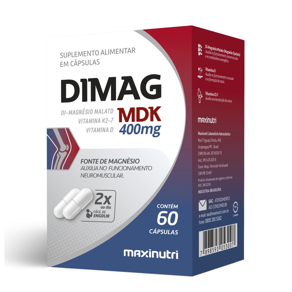 Dimag MDK (Magnésio Dimalato com Vitamina K2-7 e D3) 400mg 60 cápsulas Maxinutri