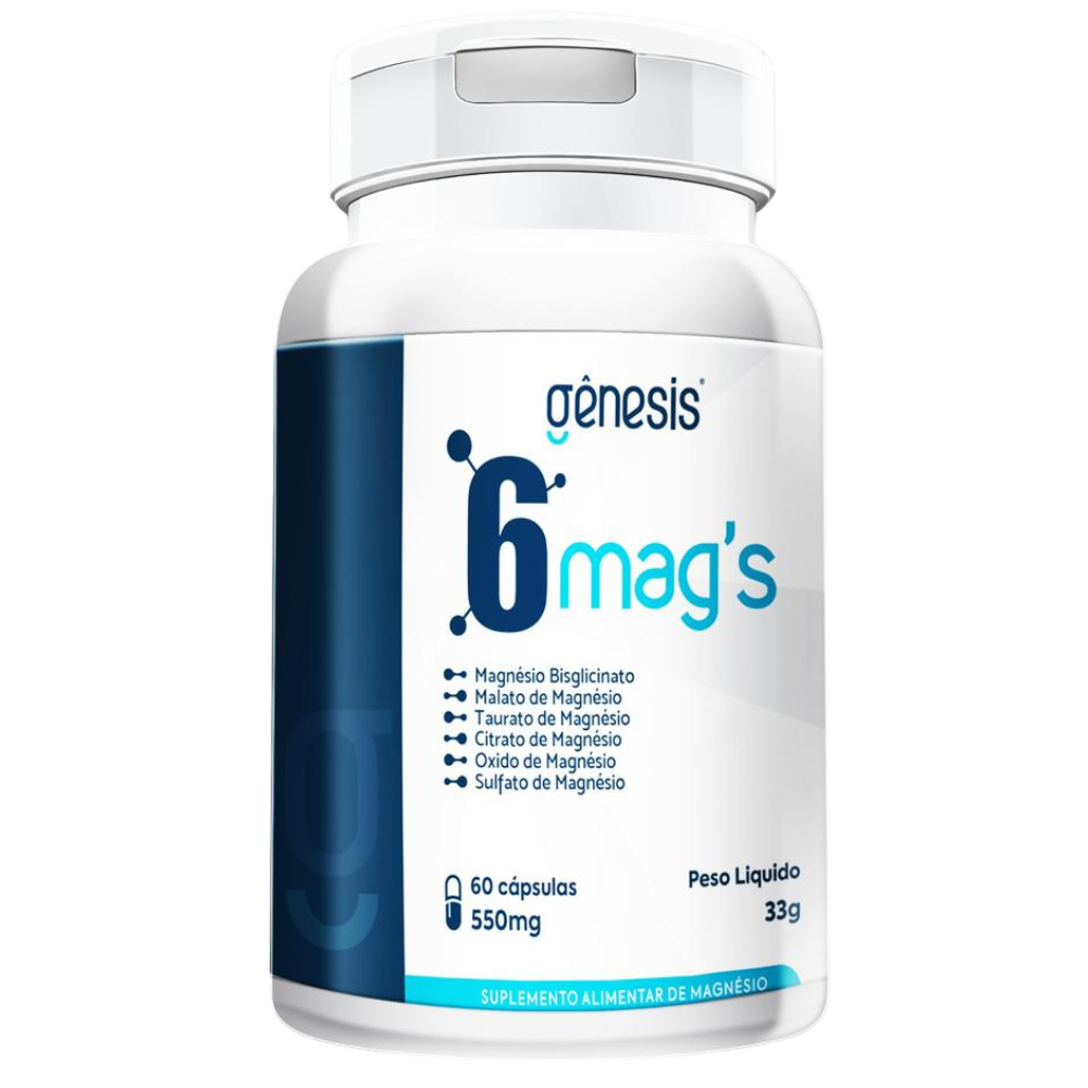6 mags - Magnesios Bisglicinato, Malato, Taurato, Citrato, Oxido e Sulfato 550mg 60 cápsulas Genesis
