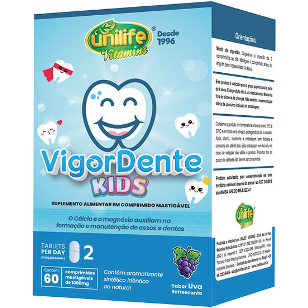 Vigordente Kids - Magnesio, Calcio e Vitaminas - 1000mg 60 comprimidos mastigaveis - Sabor Uva Refrescante Unilife