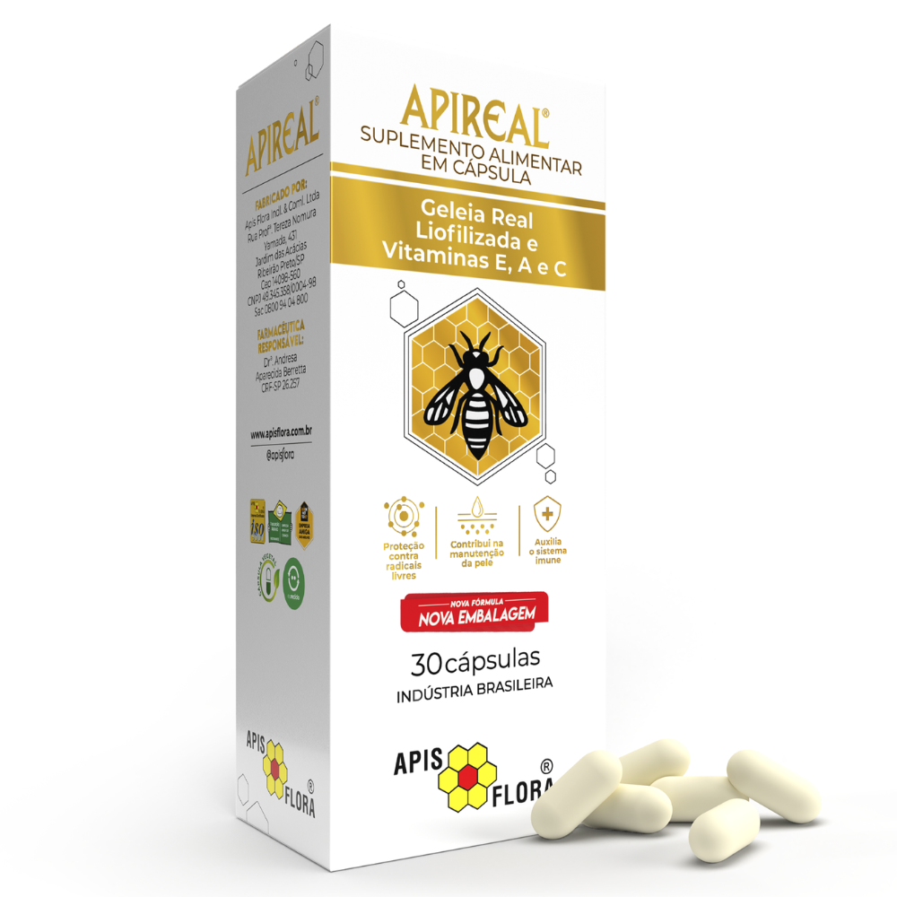 Apireal Geleia Real Natural 300mg 30 cápsulas Apisflora