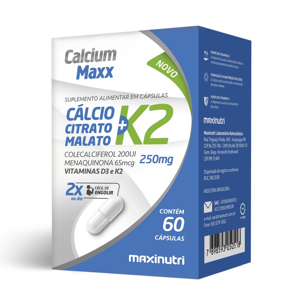 Calcium Maxx - Calcio Citrato Malato + K2 - 755mg 60 cápsulas Maxinutri
