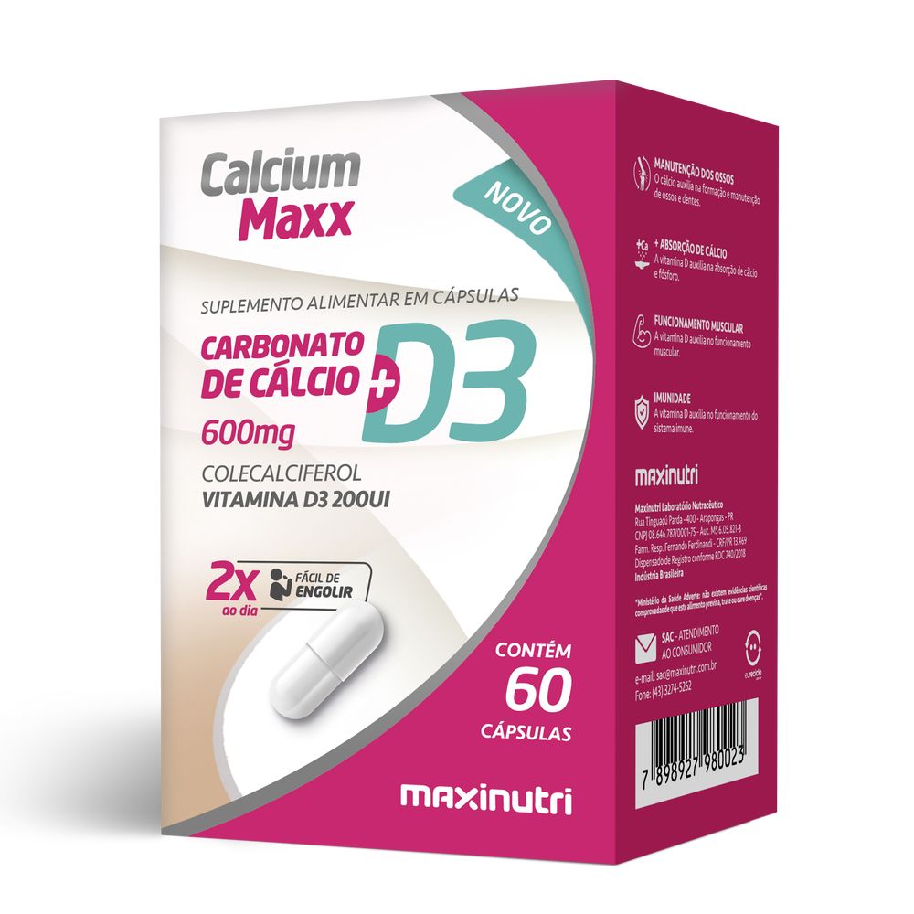 Calcium Maxx - Calcio com Vit D3 600mg 60 cápsulas Maxinutri