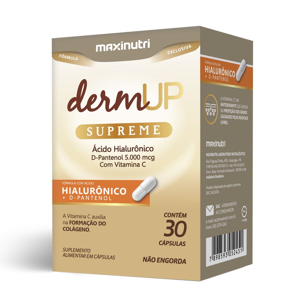 Dermup Supreme (Ac. Hialuronico + D-Pantenol e Vit. C ) 30 cápsulas Maxinutri