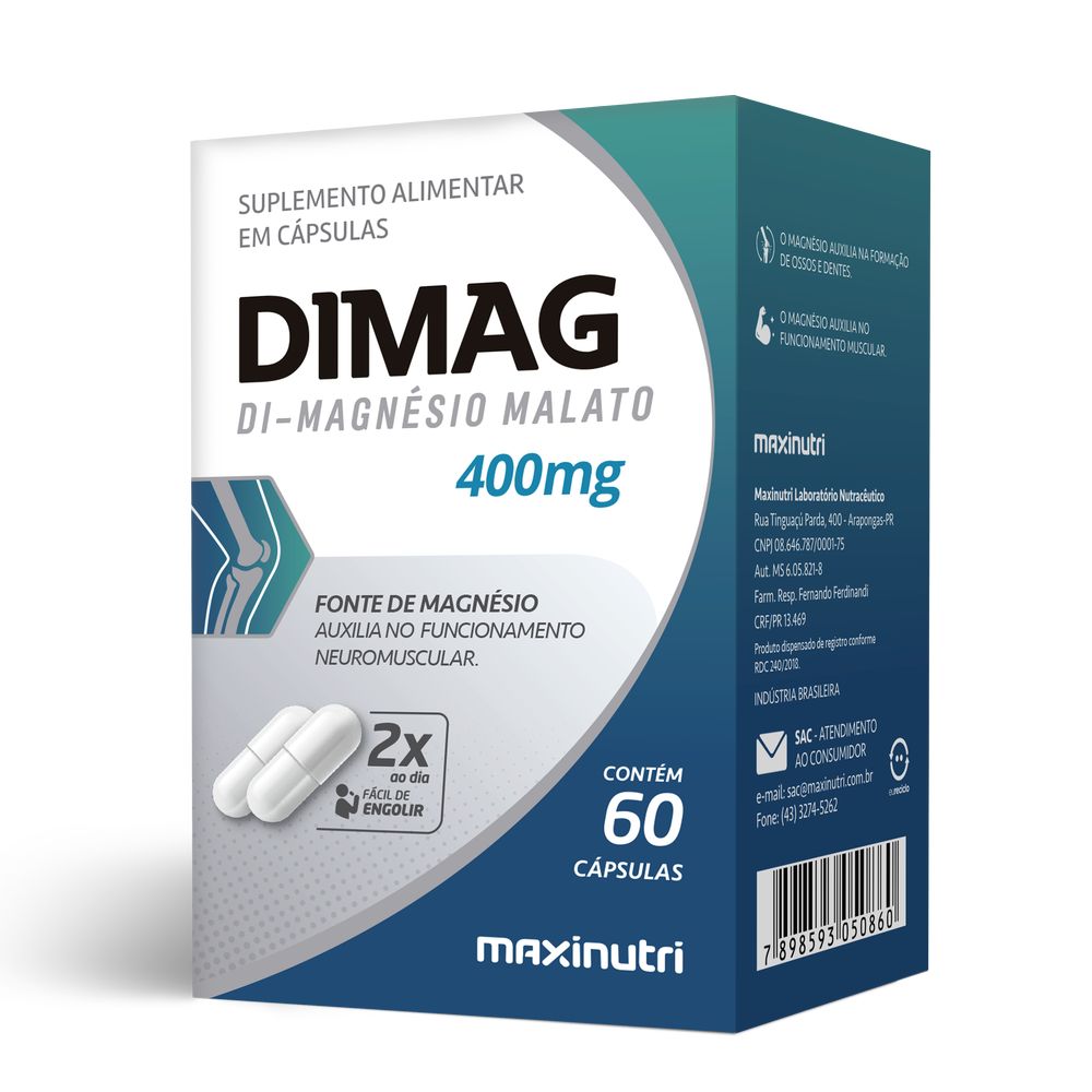 Dimag - Magnesio Dimalato - 400mg 60 cápsulas Maxinutri