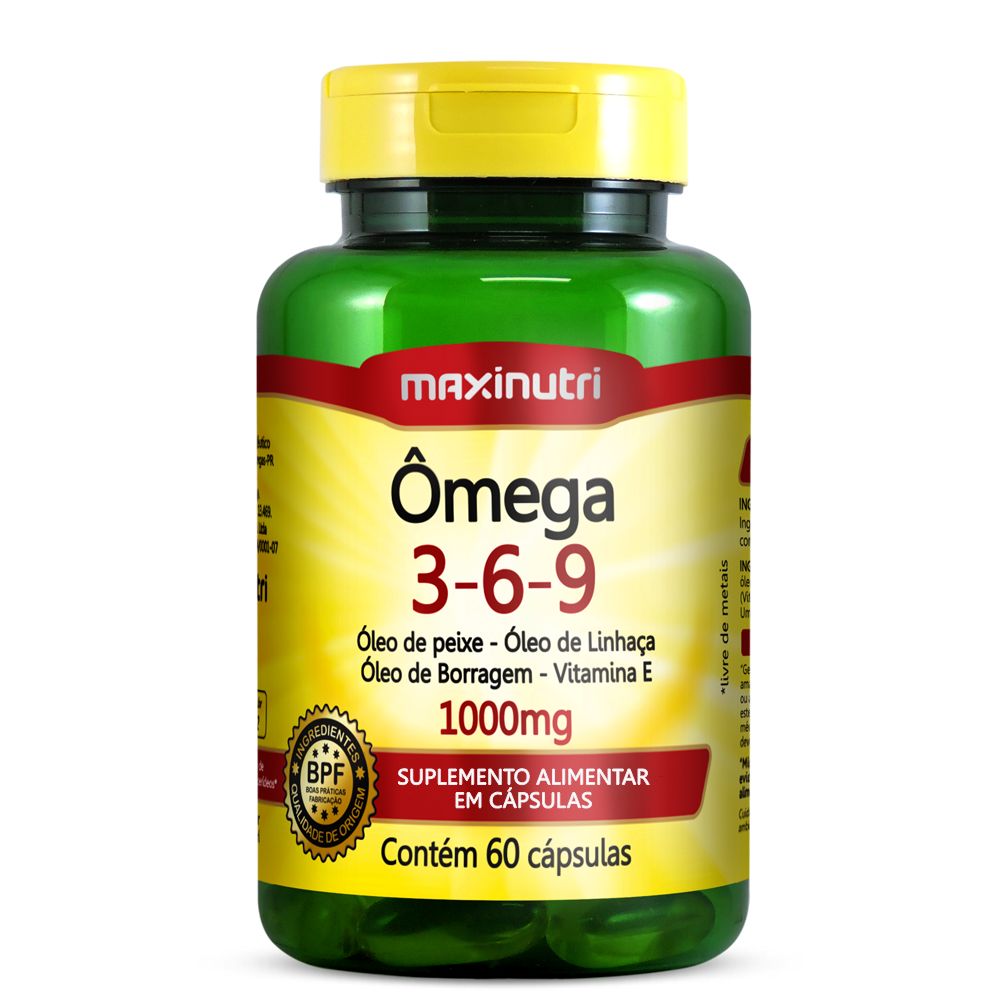 Omega 3-6-9 (Peixe/Linhaça/Borragem/Vit. E) 1000mg 60 cápsulas Maxinutri