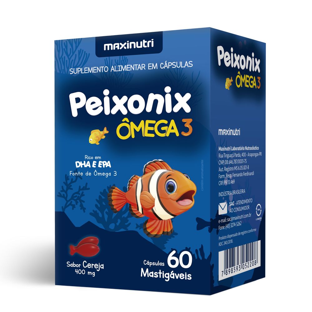 Peixonix Omega 3 Mastigavel Sabor Cereja 60 cápsulas Maxinutri